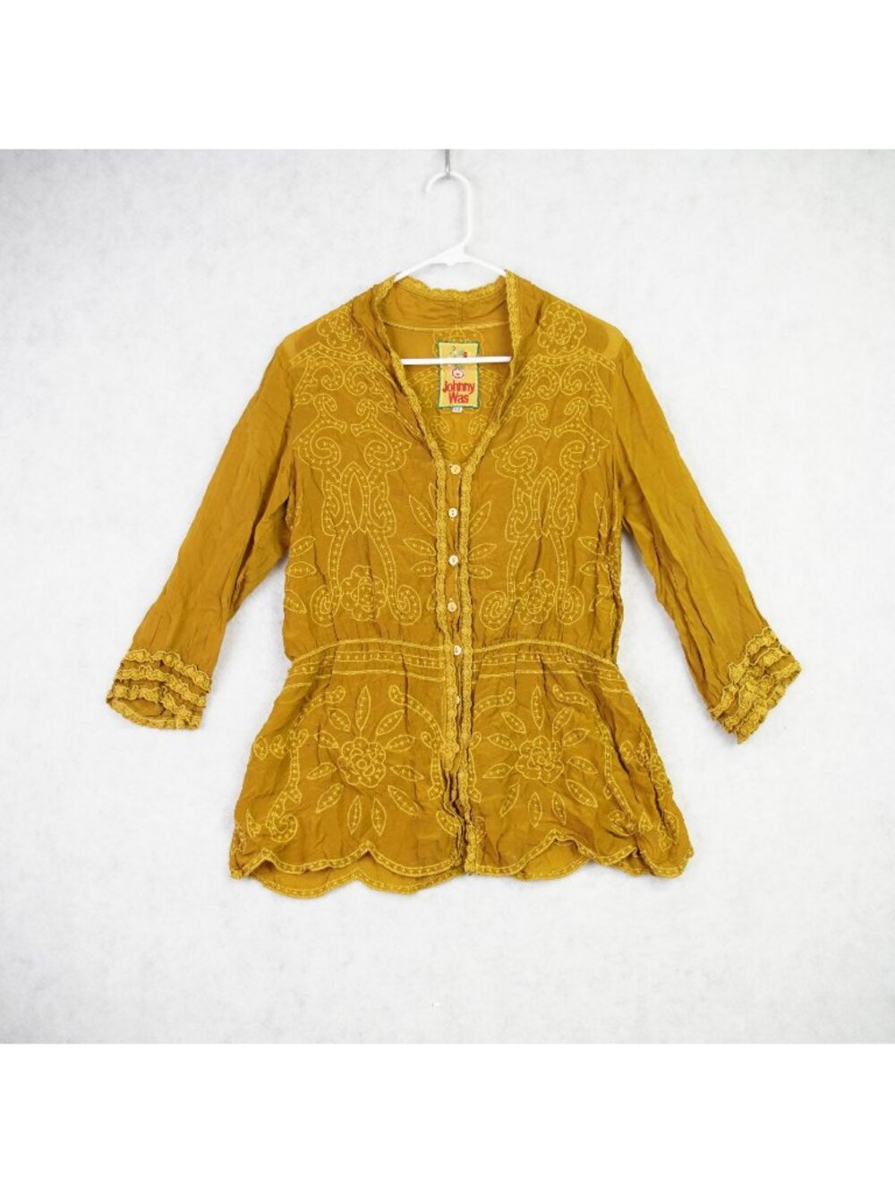Johnny Was Womens Vintage Embroidered Button Down Elastic Waist Peplum Top SZ XS